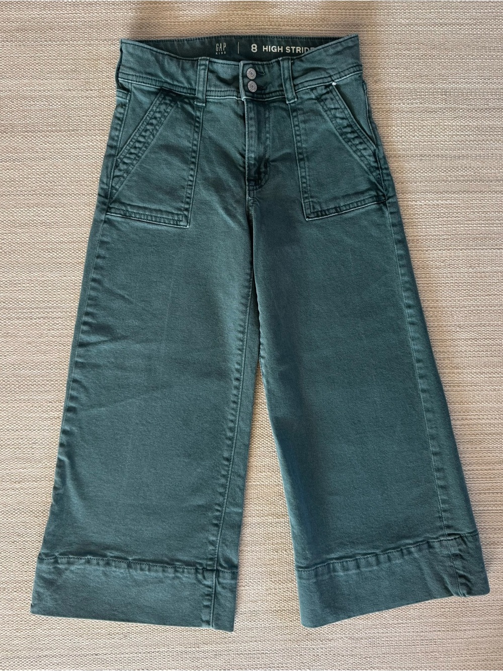 Gap kids green high stride wide leg ankle jeans with patch pockets girls size 8